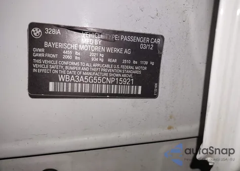 2012 BMW 328I from USA, damaged, VIN WBA3A5G55CNP15921